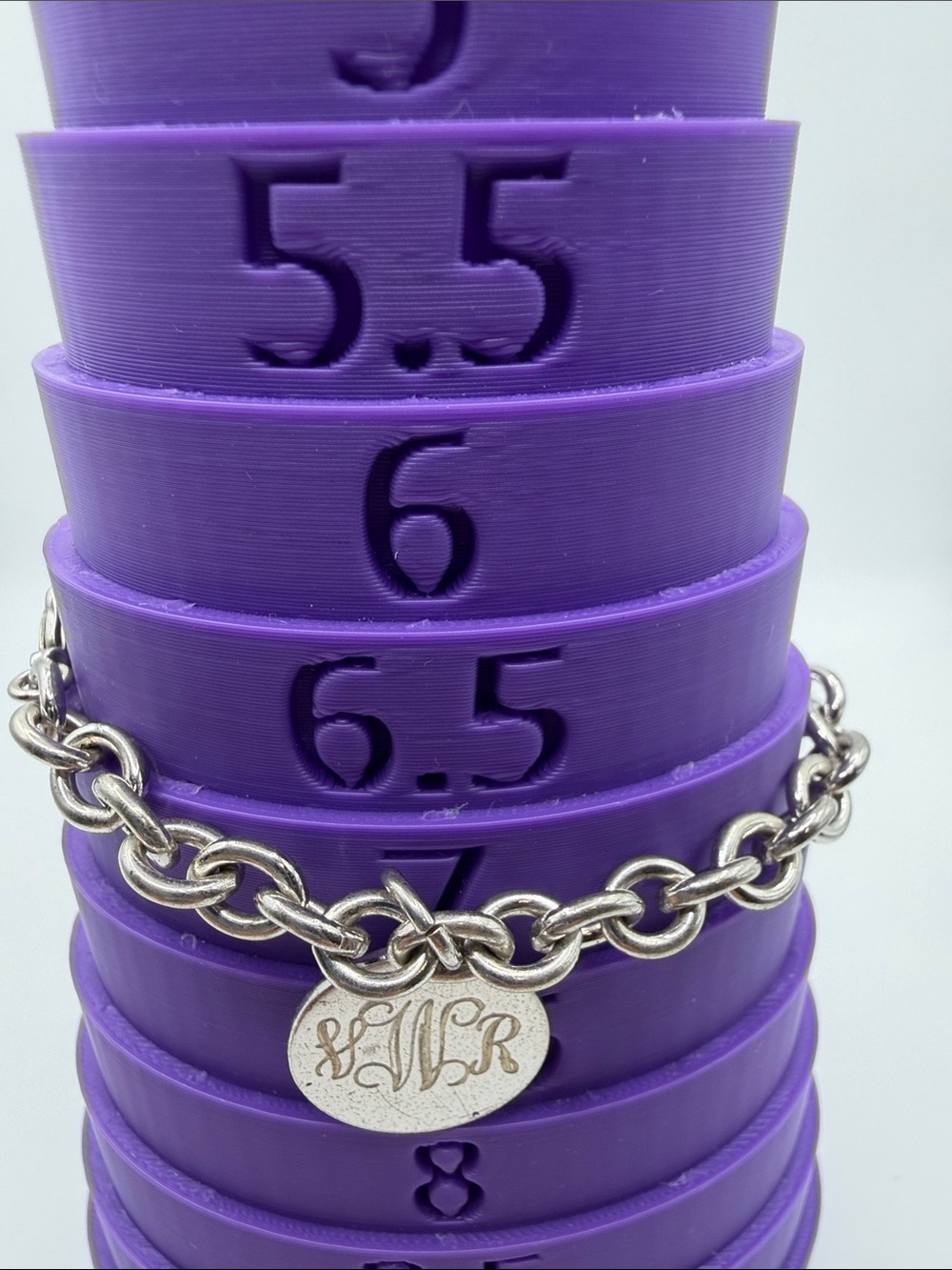 Silver Tone Chunky Chain Bracelet Engraved Monogram Disc Charm